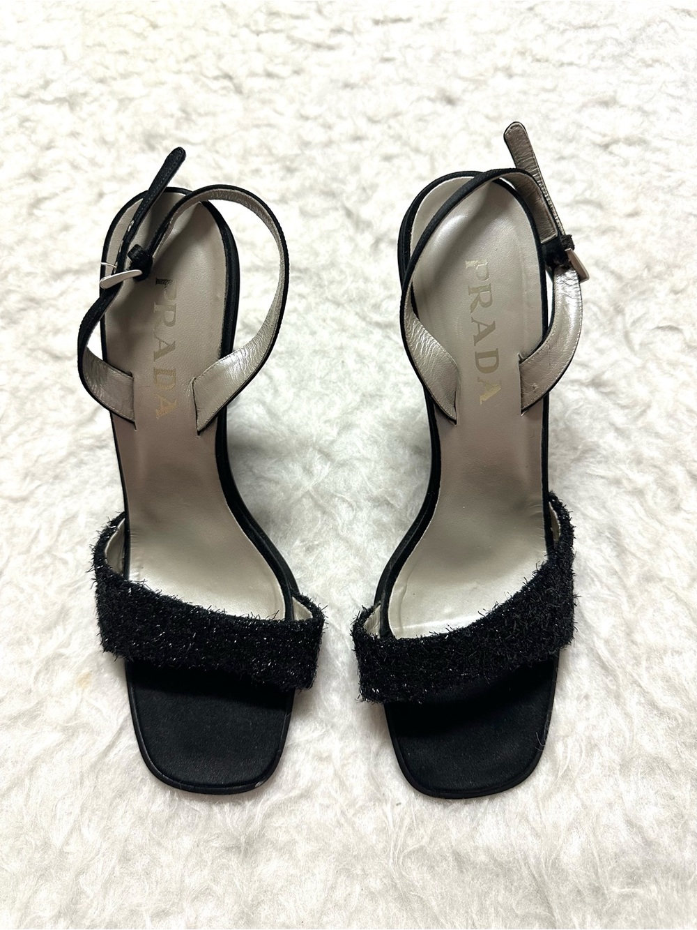 Prada Black Textured Front Strap Ankle-Strap Heels